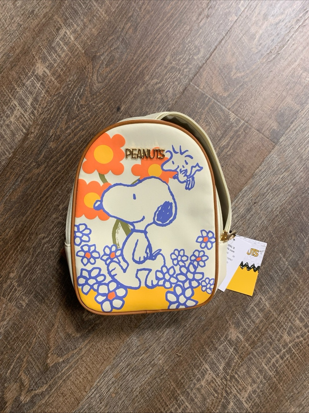Peanuts Bioworld Snoopy & Woodstock Faux Leather Mini Backpack - Beige w/ flower